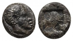 Lesbos, uncertain mint, early 5th cent. BC, BI 1/12 stater 
Head of African male right
Quadripartite incuse square
BMC 42. RARE
8.6mm / 0.84g