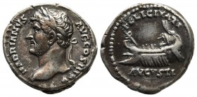 Hadrianus 117-138 AD, AR denarius, Rome Mint, ca. 131-138 AD.
Laureate head of Hadrianus left with drapery on the far shoulder
Galley left
RIC II 240v...