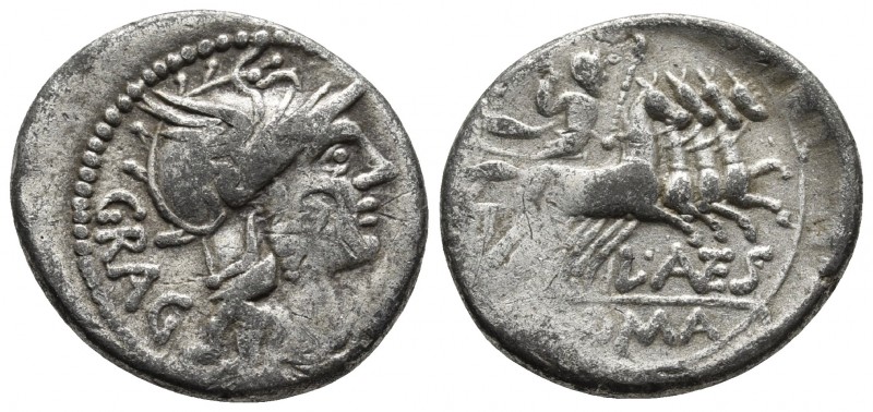 L. Antestius Gragulus, AR denarius, Rome Mint, 136 BC.
Helmeted head of Roma rig...