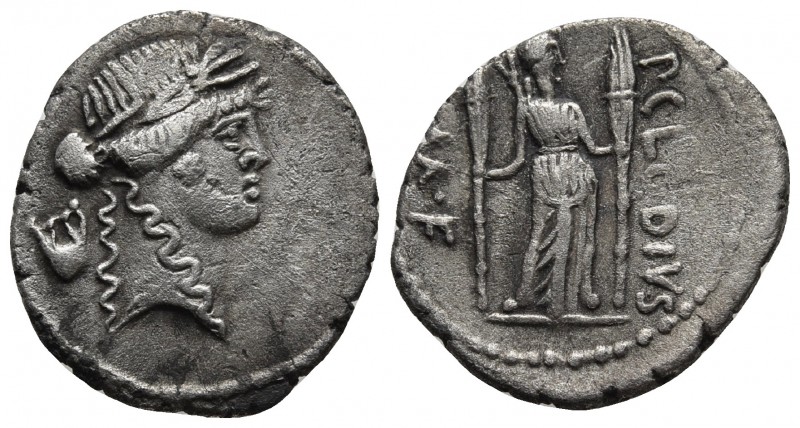 P. Clodius M. f. Turrinus, AR denarius, Rome Mint, 42 BC.
Laureate head of Apoll...