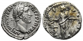 Antoninus Pius 138-161 AD, AR denarius, Rome Mint, ca. 148-149 AD.
Laureate head of Antoninus Pius right
Salus standing left, holding patera over alta...