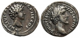 Antoninus Pius 138-161 AD with Marcus Aurelius caesar, AR denarius, Rome Mint, ca. 140 AD.
Laureate head of Antoninus Pius right
Bare head of young Ma...