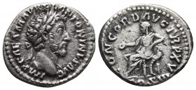 Marcus Aurelius 161-180 AD, AR denarius, Rome Mint, ca. 161 AD.
Laureate head of Marcus Aurelius right
Concordia seated left, holding patera and resti...