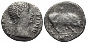 August 27 BC - 14 AD, AR denarius, Lugdunum Mint, ca. 15-13 BC.
Bare head of Augustus right
Bull charging right
RIC I 167a
17.6mm / 3.25g