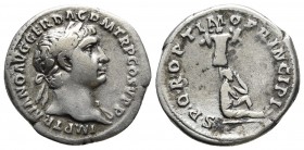 Traianus 98-117 AD, AR denarius, Rome Mint, ca. 103-107 AD.
Laureate bust of Traianus with drapery on the far shoulder right
Dacian captive seated bef...