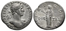 Hadrianus 117-138 AD, AR denarius, Rome Mint, ca. 118 AD.
Laureate bust of Hadrianus with drapery on the far shoulder right
Veiled Pietas standing lef...