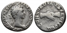 Nerva 96-98 AD, AR denarius, Rome Mint, ca. 97 AD.
Laureate head of Nerva right
Clasped hands
RIC II 14
19.2mm / 2.3g