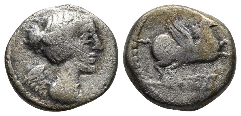 Q. Titi, AR quinarius, Rome Mint, 90 BC
Draped bust of Victory right
Pegasus jum...