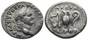 Vespasianus 69-79 AD, AR denarius, Rome Mint, 72-73 AD.
Laureate head of Vespasianus right
Priestly implements
RIC II 2nd ed. 356
19.6mm / 3g