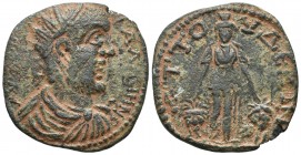 Caria, Attuda, Gallienus 253-268 AD, E
Radiate, draped and cuirassed bust of Gallienus, seen from behind, right
Kybele standing frontally, panthers at...