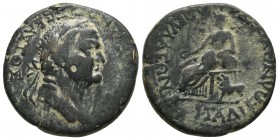 Phrygia, Dorylaeum, Vespasianus 69-79 AD, AE
Laureate head of Vespasianus right
Kybele seated left, holding patera, behind lion
RPC II 1412
23.9mm / 8...