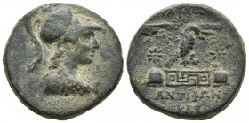 Phrygia, Apameia, ca. 133-48 BC, AE
Helmeted bust of Athena right
Eagle with spread wings right, beneath meander pattern, flanked by caps of Dioskuroi...
