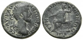 Phrygia, Akmoneia, Marcus Aurelius 161-180 AD, AE
Laureate, cuirassed and draped bust of Marcus Aurelius, seen from behind, right
Zeus seated left, ho...
