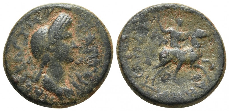 Lydia, Sardes, Plotina 105-123 AD
Draped bust of Plotina right, AE
Pelops riding...