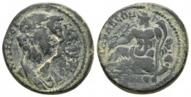 Lydia, Tabala, pseudo-autonomous issue, ca. 200-250 AD, AE
Draped bust of Senate right
River god Hermos reclining left, holding reeds, cornucopiae and...