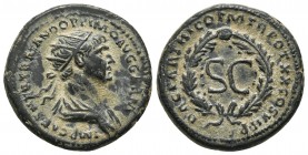 Traianus 98-117 AD, AE semis, Rome ? Mint, ca. 114-117 AD
Radiate and draped buste of Traianus right
S.C. within oak wreath
RIC II 645
20mm / 4.9g