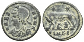 Commemorative issue, ca. 332-335 AD, AE follis, Cyzicus Mint
Helmeted bust of Roma left
She-wolf standing left, suckling twins. Above two stars
RIC VI...