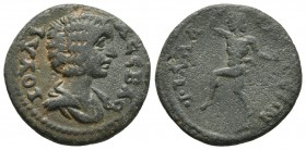 Lydia, Philadelphia, Julia Domna 193-217 AD, AE
Draped bust of Julia Domna right
Pan dancing left
Mionnet IV, 581: Paris
19.1mm / 3.4g