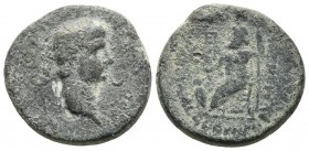 Phrygia, Acmonea, Nero ca. 62 AD, AE
Laureate head of Nero, behind caduceus, in front crescent
Zeus seated left, holding sceptre and patera, amphora i...