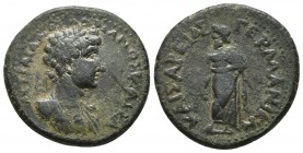 Bithynia, Caesarea Germanica, Hadrianus 117-138 AD, AE
Laureate and draped bust of Hadrianus right
Zeus (?) standing left
RPC II 1026-7cf
21mm / 4.9g