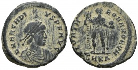 Arcadius, ca. 392-395 AD, AE2, Cyzicus Mint
Diademed, draped and cuirassed bust of Arcadius right
Emperor standing left with head turned right, holdin...