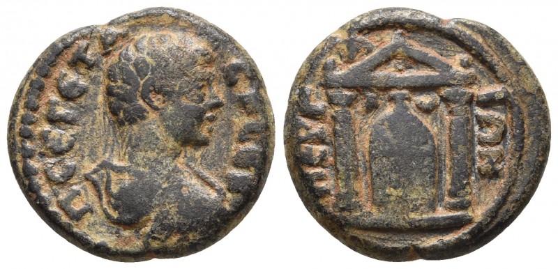 Pamphilia, Perge, Geta 198-212 AD, AE
Bare and draped bust of Geta right
Distyle...
