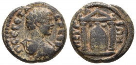 Pamphilia, Perge, Geta 198-212 AD, AE
Bare and draped bust of Geta right
Distyle temple with statue ?
SNG Von Aulock 4682cf
19mm / 4.9g
