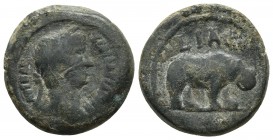 Egypt, Alexandria, Hadrianus, year 11 = 126/127 AD, AE
Laureate head of Hadrianus right, drapery on far shoulder
Hippopotamus standing right
RPC III 5...