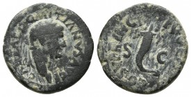 Uncertain mint in Asia Minor (Ephesus ?), Domitianus as caesar, ca. 77-78 AD, AE quadrans 
Laureate head of Domitianus right
Cornucopia flanked by let...