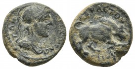 Caria, Trapezopolis, pseudo-autonomous issue, ca. 138-161 AD, AE
Helmeted and draped bust of Athena right
Bull charging right
SNG Von Aulock 2736
15.4...