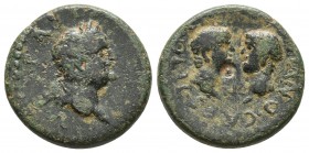 Uncertain mint in Asia Minor, Vepsasianus, Titus and Domitianus 69-79 AD, AE
Laureate head of Vespasianus right
Bare heads of Titus and Domitianus fac...