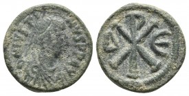 Justin I 518-527 AD, AE pentanummium, Constantinople Mint, 518/527 AD.
IVSTI-NVSPPAVC Diademed and draped bust of Justin I right 
Large Christogram, b...