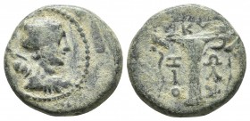 Aeolis, Kyme, ca. 3rd - 2nd cent. BC, AE
Draped bust of Artemis, with quiver over shoulder, right
Kotyle between two palm branches
SNG Von Aulock 1642...