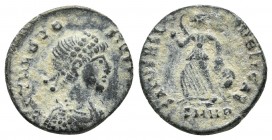 Theodosius I, ca. 388-394 AD, AE4, Nicomedia Mint
Diademed, draped and cuirassed bust of Theodosius I right
Victory advancing left, holding trophy on ...