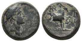 Aeolis, Aigai, ca. 2-1 cent BC, AE
Draped bust of Hermes in petasos right
Forepart of goat standing right
SNG COP 14cf
13.5mm / 2.9g