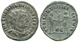 Maximianus, ca. 294-299 AD, Cyzicus Mint, AE Radiate Fraction
Radiate and draped bust of Maximianus right
Emperor holding parazonium, receives Victory...