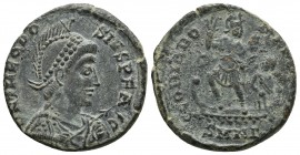 Theodosius I, ca. 378-383 AD, Nicomedia Mint, AE2
Helmeted and diademed, draped and cuirassed, bust of Theodosius I right, holding spear and shield
Em...