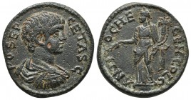 Pisidia, Antiochia, Geta ca. 198-211 AD, AE
Bare, draped and cuirassed bust of Geta, seen from behind, right
Genius standing left, holding cornucopia ...