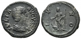 Julia Domna AD 193-217, AR denarius, Rome Mint, ca. AD 196-211.
Bare,draped bust of Julia Domna right
Juno standing left, holding long sceptre and pat...