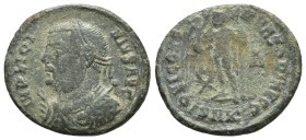 Licinius I, ca. 317-320 AD, AE, Cyzicus Mint
Laureate and draped bust of Licinius I left, holding globe, sceptre and mappa
Jupiter standing left, hold...
