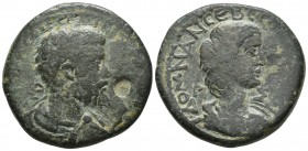 Cilicia, Epiphaneia, Septimius Severus and Julia Domna, ca 198-199 AD, AE
Laureate, cuirassed and draped bust of Septimius Severus right, oval counter...