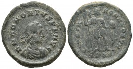 Honorius, ca. 392-395 AD, AE2, Cyzicus Mint
Diademed, draped and cuirassed bust of Honorius right
Emperor standing left with head turned right, holdin...