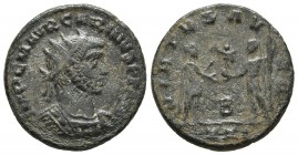 Carinus, 283-285 AD, AE Antonininian, Antioch Mint
Radiate and cuirassed bust of Carinus right
Emperor holding sceptre, receives Victory on globe from...