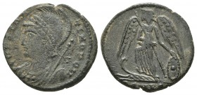 Commemorative issue, ca. 330-337 AD, AE, uncertain mint
Helmeted bust of Constantinopolis, with sceptre over shoulder, left
Victory standing on prow l...