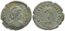 Aelia Flacilla, ca. 383-8 AD, AE2, Cyzicus Mint
Draped bust of Aelia Flacilla right
Empress standing frontally, head turned right, hands folded on bre...