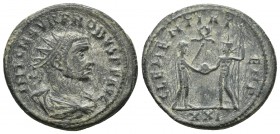 Probus, ca. 280 AD, AE Antonininian, Tripolis Mint
Radiate and draped bust of Probus right
Emperor holding sceptre, receives Victory on globe from Jup...