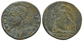 Commemorative issue, ca. 330-333 AD, AE follis, Constantinople mint
Helmeted bust of Constantinopolis, with sceptre over shoulder, left
Victory standi...