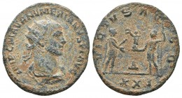 Numerianus, 283-284 AD, AE Antonininian, Antioch Mint
Radiate and draped bust of Numerianus right
Numerianus standing right, holding sceptre, receives...