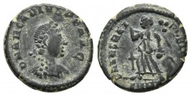 Arcadius, ca. 388-392 AD, AE4, Nicomedia Mint
Diademed, draped and cuirassed bust of Arcadius right
Victory advancing left, holding trophy on the shou...