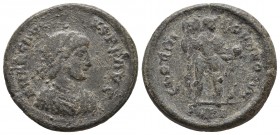 Arcadius, ca. 392-395 AD, AE3, Cyzicus Mint
Diademed, draped and cuirassed bust of Arcadius right
Emperor standing left with head turned right, holdin...